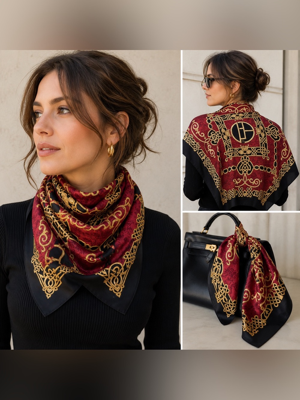 Gil de Losne Paris Vintage Square Scarf Burgundy Gold Black Equestrian Print 34”